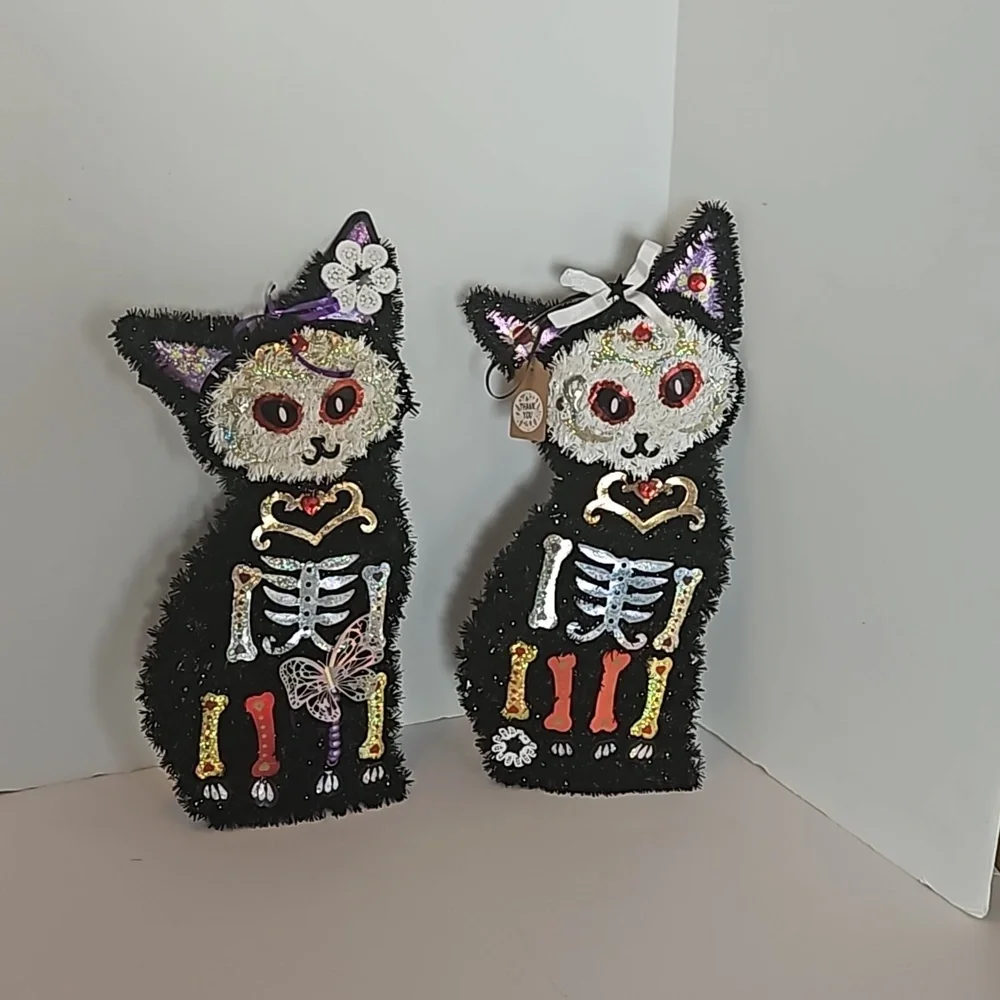 Hand crafted Halloween Cats Set of 2 Black Cats Handmade Holographic Bone detail